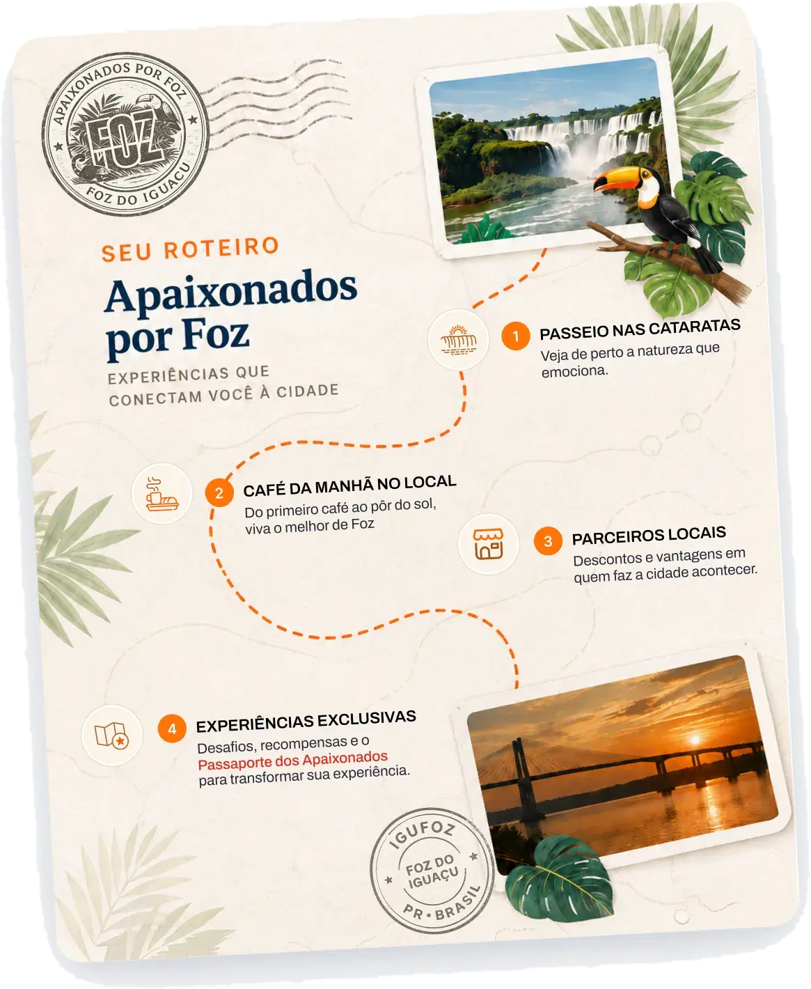 Seu roteiro Apaixonados por Foz – experiências que conectam você à cidade. 1. Passeio nas Cataratas: veja de perto a natureza que emociona. 2. Café da manhã no local: do primeiro café ao pôr do sol, viva o melhor de Foz. 3. Parceiros locais: descontos e vantagens em quem faz a cidade acontecer. 4. Experiências exclusivas: desafios, recompensas e o Passaporte dos Apaixonados para transformar sua experiência.