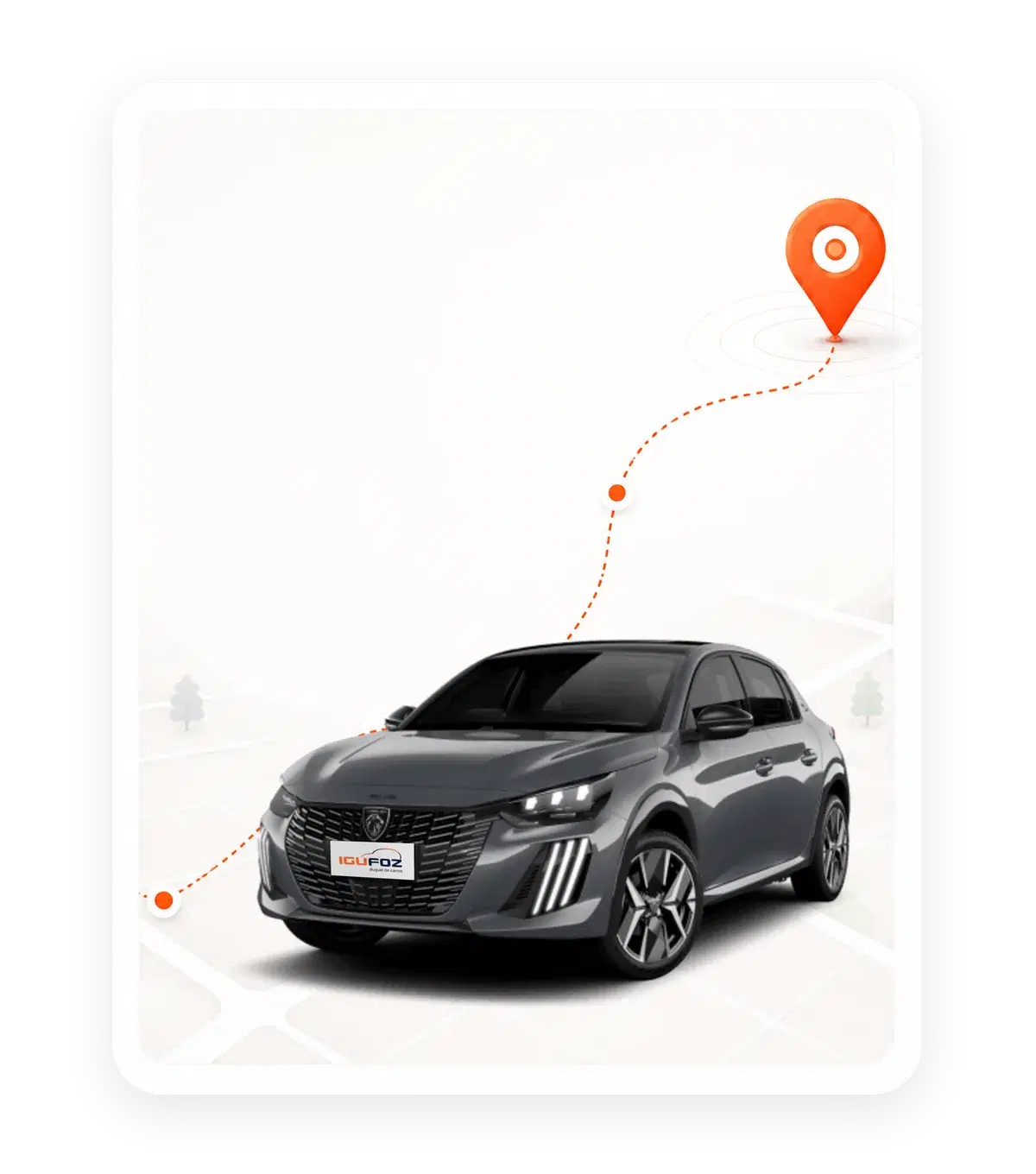 Carro cinza da IguFoz seguindo uma rota tracejada no mapa até o pin da unidade mais próxima