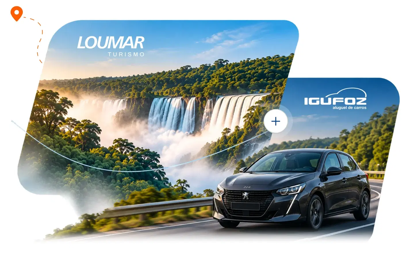 Cataratas do Iguaçu com a marca Loumar Turismo ligada, por um sinal de mais, a um Peugeot preto da IguFoz na estrada