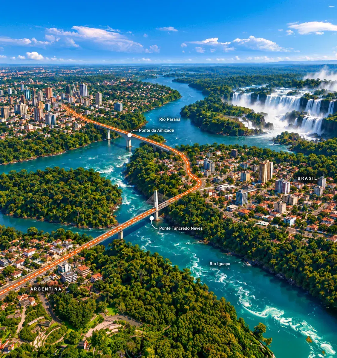 Vista aérea do encontro entre os rios Paraná e Iguaçu, com as pontes entre Brasil, Argentina e Paraguai