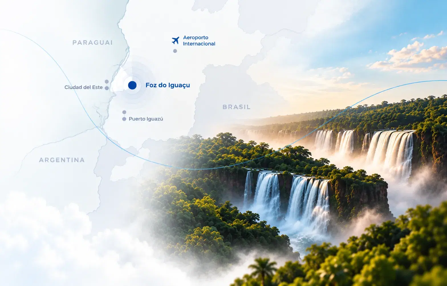 Mapa ilustrado da região das três fronteiras: Foz do Iguaçu no centro, entre Ciudad del Este (Paraguai) e Puerto Iguazú (Argentina), com o aeroporto internacional ao norte e as Cataratas do Iguaçu a leste