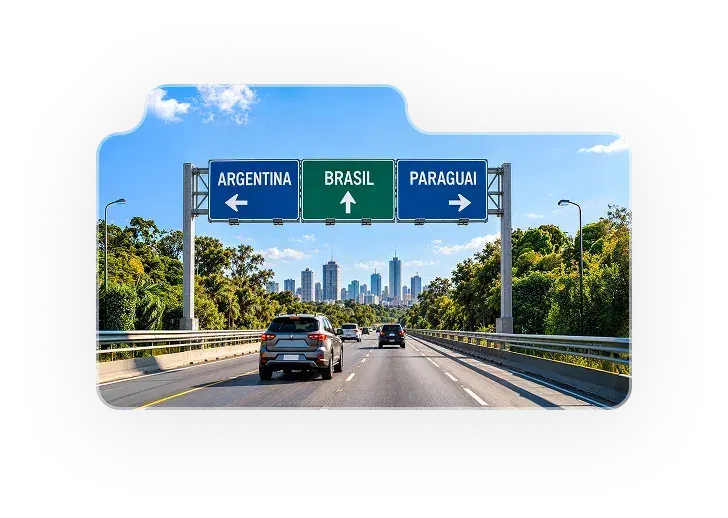 Placas de sinalização indicando Argentina, Brasil e Paraguai em uma rodovia